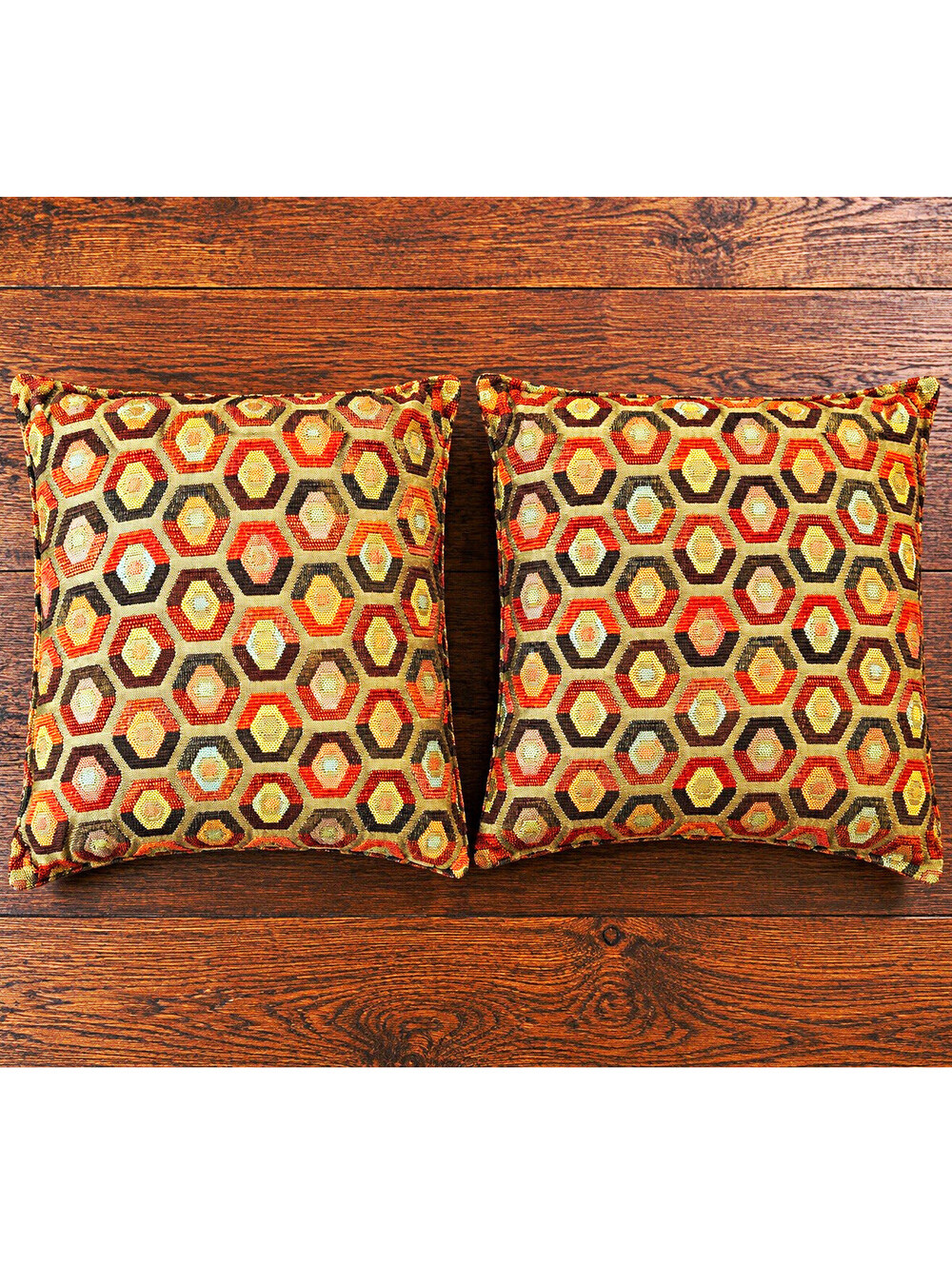 Pair of Woven Tapestry Throw Pillows Retro Geometric Hexagon Brown Rust MCM